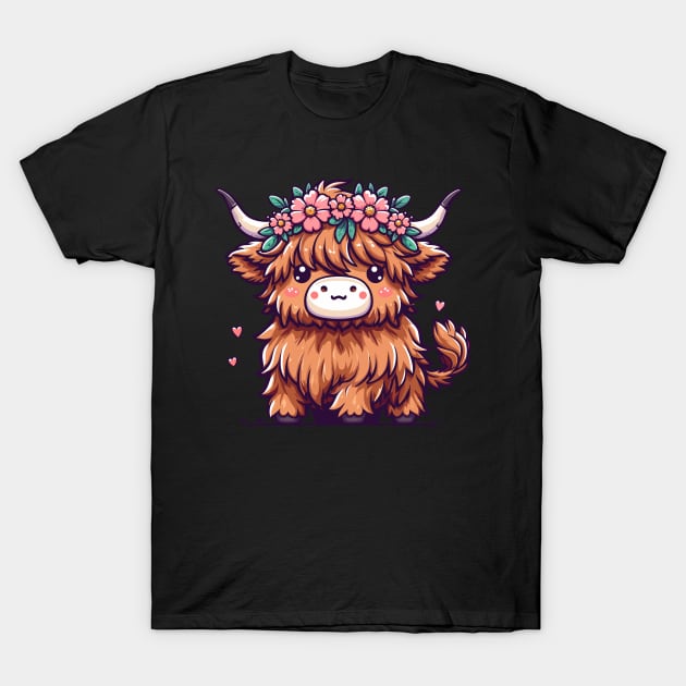 Kawaii scottish highland cow with flower crown T-Shirt by TomFrontierArt